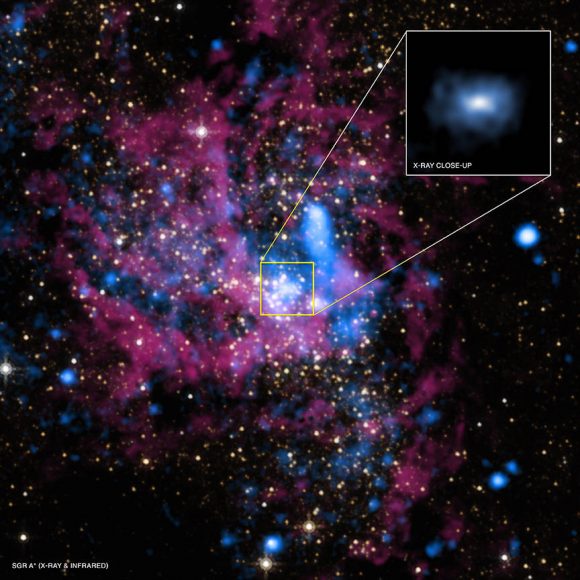 Sagittarius A is the super-massive black hole at the center of our Milky Way Galaxy. It is shown in x-ray (blue) and infrared (red) in this combined image from the Chandra Observatory and the Hubble Space Telescope. Image: X-ray: NASA/UMass/D.Wang et al., IR: NASA/STScI