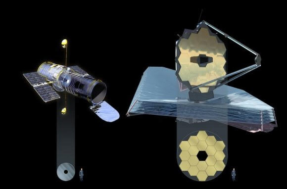 The Hubble Space Telescope on the left has a 2.4 meter mirror and the James Webb Space Telescope has a 6.5 meter mirror. LUVOIR, not shown, will dwarf them both with a massive 15 meter mirror. Image: NASA