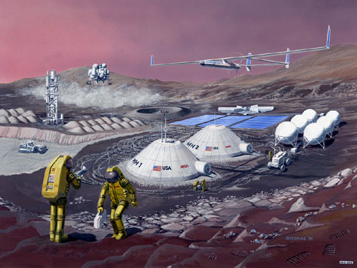We've been dreaming about a Mars colony for a long time, as the lovely retro drawing shows. Will SpaceX finally give us one? Image: NASA